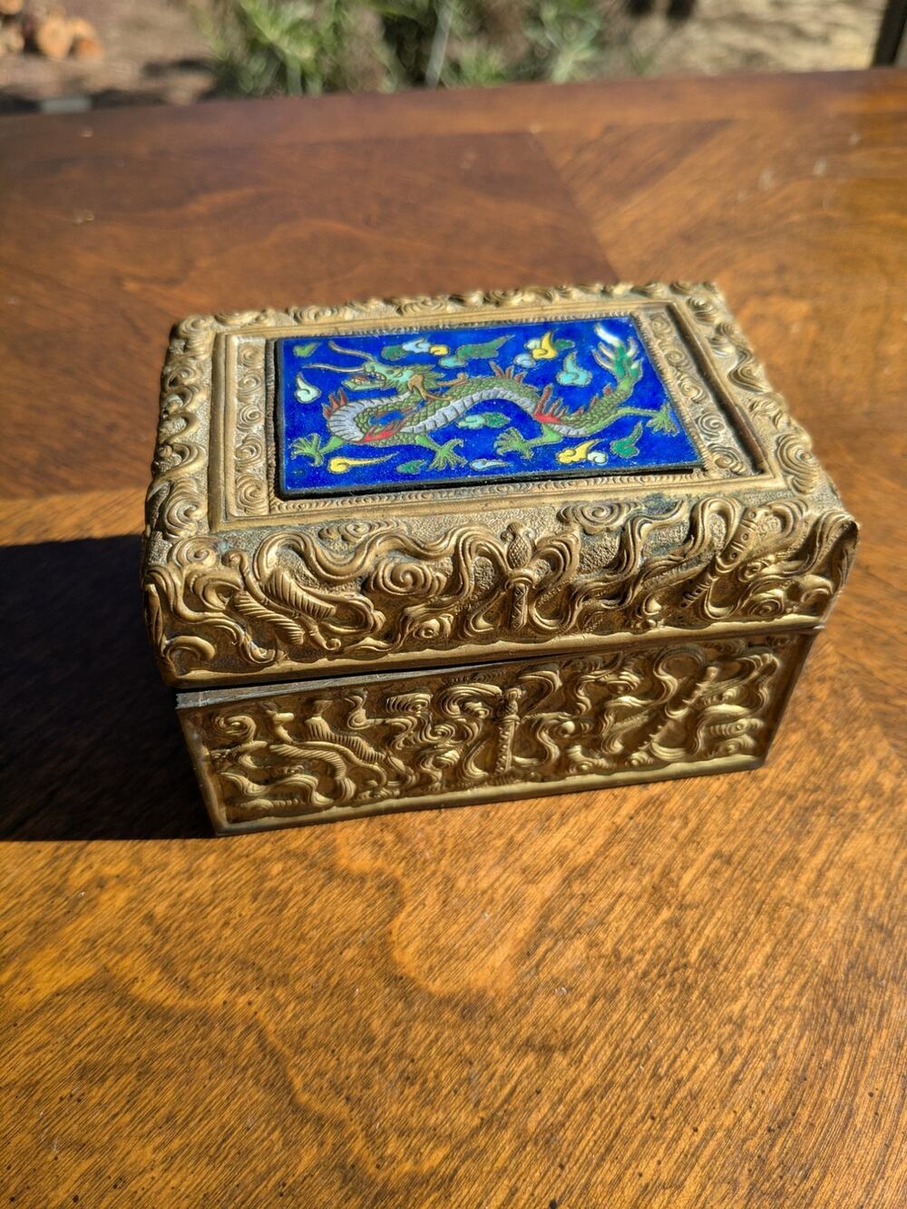 Vintage Chinese Brass Wood Lined Box - Cloisonné Enamel Dragon Plaque - 4"